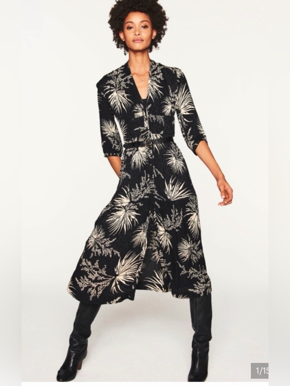 ba&sh Eleanor Robe Black and Tan Floral Button Midi Dress